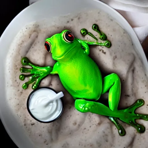 Image similar to a frog emerging from under bath of yogurt and milk