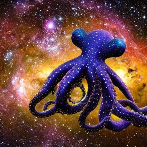 Prompt: a giant octopus god covered in stars in floating among the galaxies of the milky way