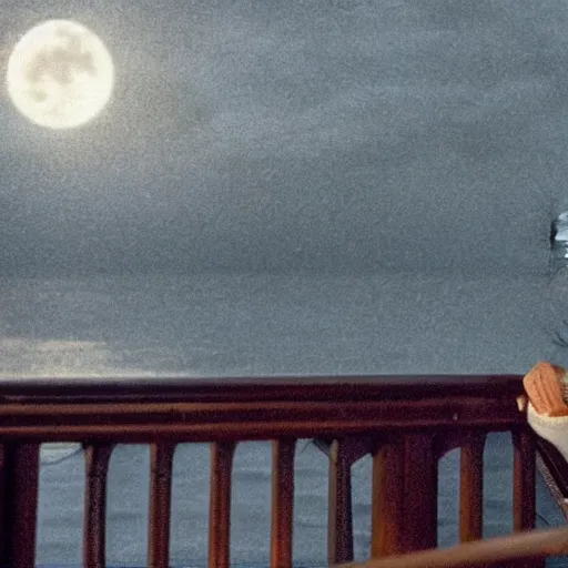 Prompt: old woman from the movie titanic with white hair leaning over the railing of a ship and throwing the jumanji board game overboard at night, scene from titanic movie, film still, medium shot, lit by bright moonlight