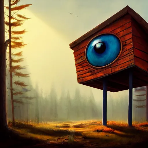 Prompt: a walking wood and metal house with two legs and one big eye, rust, hyperrealistic, highly detailed, cinematic, single ray of sun, morning, pareidolia, gravity falls style, red and blue, beautiful, cgssociety, artstation, 8 k, oil painting, digital art