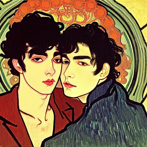 Image similar to painting of young cute handsome beautiful dark medium wavy hair man in his 2 0 s named shadow taehyung and cute handsome beautiful min - jun together at the halloween witchcraft party with bubbling cauldron, melancholy, autumn colors, elegant, ritual, painting, stylized, soft facial features, delicate facial features, art by alphonse mucha, vincent van gogh, egon schiele