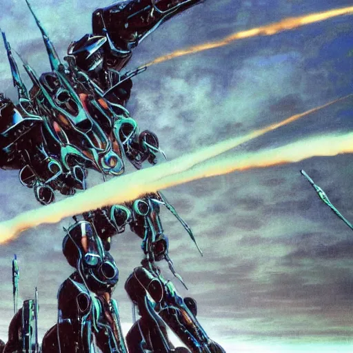 Prompt: anime screenshot of a sleek, slender mecha suit defending the city, designed by hideaki anno, drawn by tsutomu nihei, and painted by zdzislaw beksinski