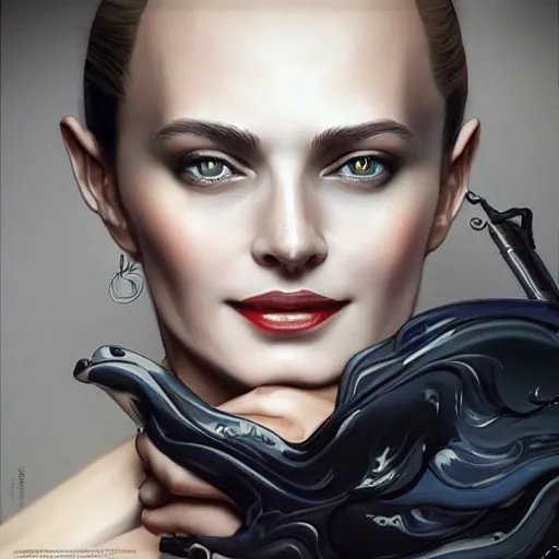 Image similar to “ daria strokous as evil james bond villain smiling, intricate, elegant, highly detailed, digital painting, artstation, concept art, smooth, sharp focus uhd 8 k, art by artgerm and greg rutkowski and alphonse mucha ”