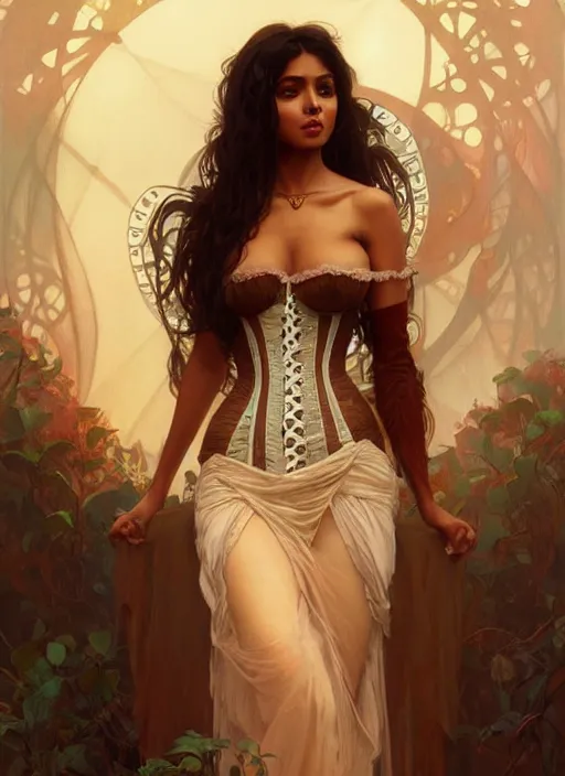 Image similar to cute brown woman wearing a translucent corset dress, fantasy, intricate, highly detailed, digital painting, artstation, concept art, wallpaper, smooth, sharp focus, illustration, art by artgerm and greg rutkowski and alphonse mucha