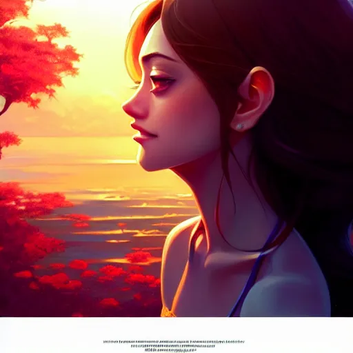 Image similar to Emmy Rossum, sunset, intricate, highly detailed, digital painting, artstation, official media, anime key visual, concept art, rich vivid colors, ambient lighting, sharp focus, illustration, art by Artgerm, Makoto Shinkai, Ilya Kuvshinov, Lois Van Baarle, and Rossdraws