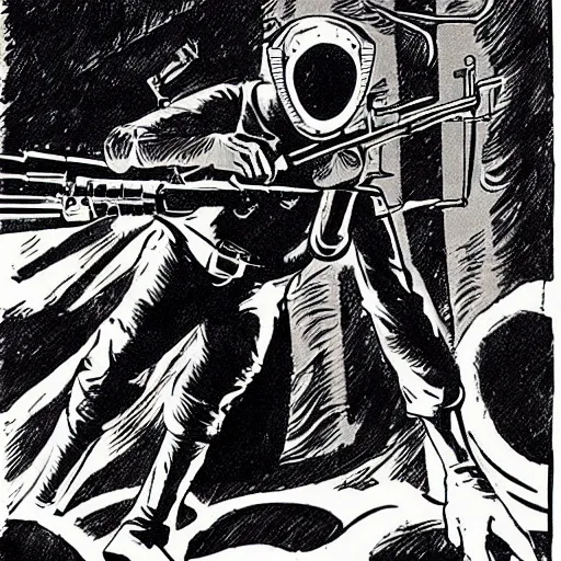 Image similar to concept art of a man with a gas mask and a hunting rifle, by steve ditko, insanely detailed