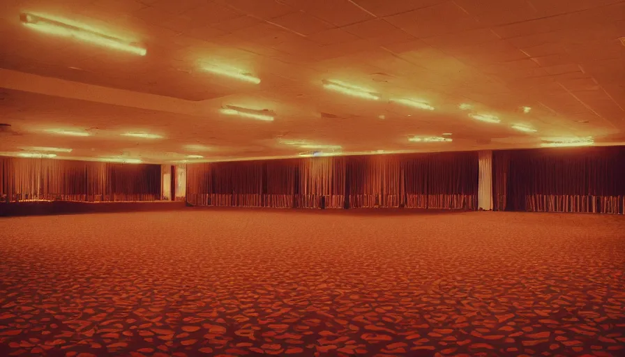 Prompt: 70s movie still of a ballroom , cinestill 800t Technicolor, heavy grain, high quality, criterion collection, liminal space style