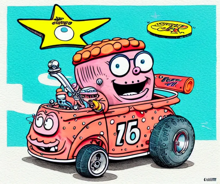 Prompt: cute and funny, patrick star, wearing a helmet, driving a hotrod, oversized enginee, ratfink style by ed roth, roth's drag nut fuel, centered award winning watercolor pen illustration, isometric illustration by chihiro iwasaki, the artwork of r. crumb and his cheap suit, cult - classic - comic,