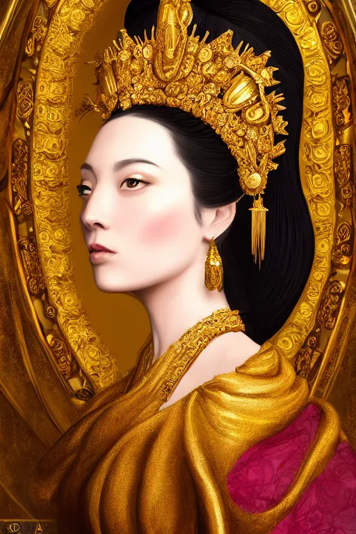 Image similar to a beautiful empress portrait, with a brilliant, impossible striking shiny big gold headpiece, gold clothes, rococo, baroque, jewels, asian, realistic, closeup, D&D, fantasy, intricate, elegant, highly detailed, digital painting, artstation, octane render, studio lighting, 8k, concept art, matte, sharp focus, illustration, art by Artgerm and Greg Rutkowski and Alphonse Mucha