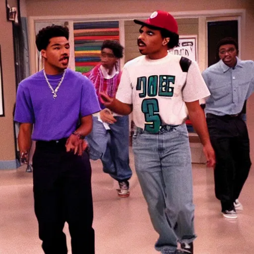 Image similar to a tv still of Chance The Rapper starring as a black college student at Jones College Prep in a 1993 sitcom