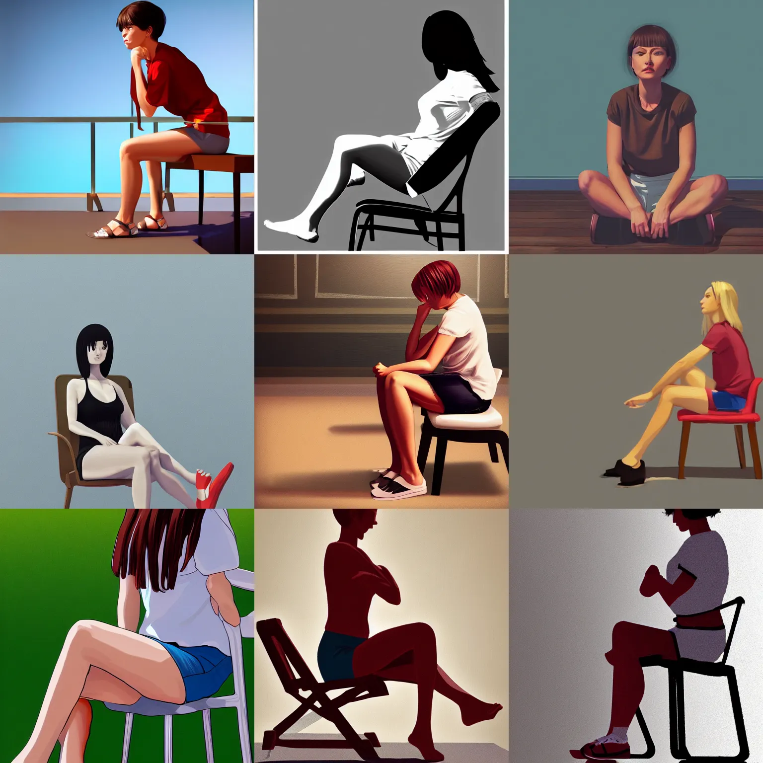 Prompt: woman in shorts, sitting cross legged on a chair, side - view, depth of field, in the style of ilya kuvshinov