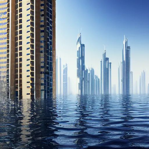 Image similar to dubai completely flooded, aftermath of a tsunami, perspective from a balcony, 4k, photorealistic, octane