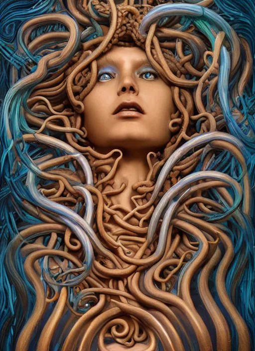 Image similar to medusa, wooden art nouveau swirls, strong subsurface scattering, cables, tubes, subsurface scattering, in the style of james jean and tomasz alen kopera and giger, subsurface scattering, mystical colors, rim light, soft lighting, 8 k, stunning scene, raytracing, octane render, trending on artstation