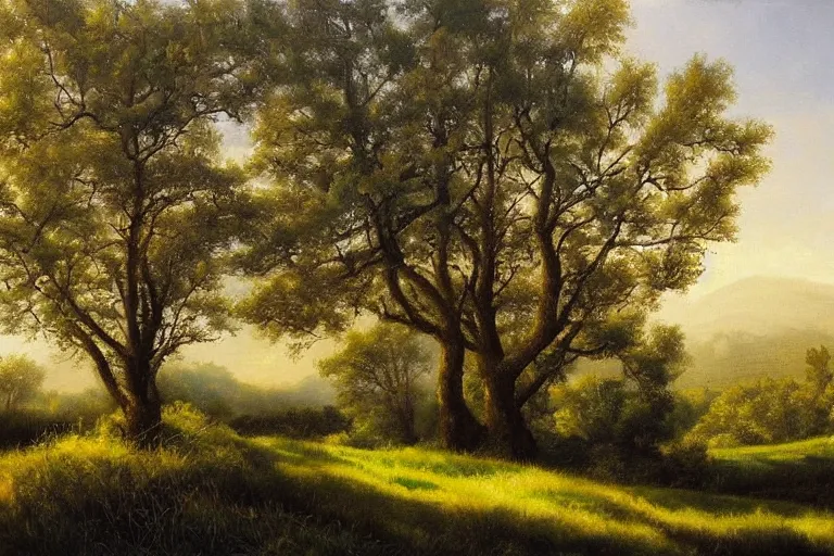 Image similar to masterpiece painting of oak trees on a hillside overlooking a creek, dramatic lighting, by gunnar widforss