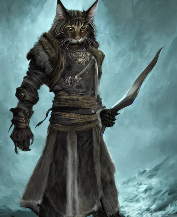 Prompt: humanoid male khajiit rogue with a scar on left eye, wearing leather armor with a hood, mainecoon cat features with black fur, far - mid shot, magic the gathering, fantasy