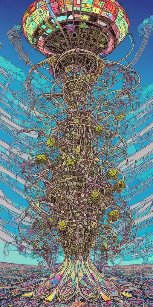 Image similar to colossal psyhedelic alien flower made from worst mankind ideas in the middle of abandoned post soviet constructivist cityscape, Stalinist architecture, ultradetailed, Intricate by Hayao Miyazaki and Josan Gonzalez