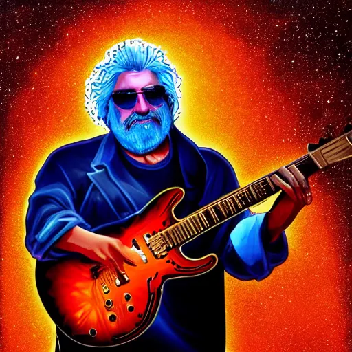 Image similar to a Jerry Garcia guitarist playing so intensely there is electricity shooting out from his guitar, energy beams under his finger tips, and magic sparkles from the freboard, amazing ditial art, trending on artstation, featured on deviantart