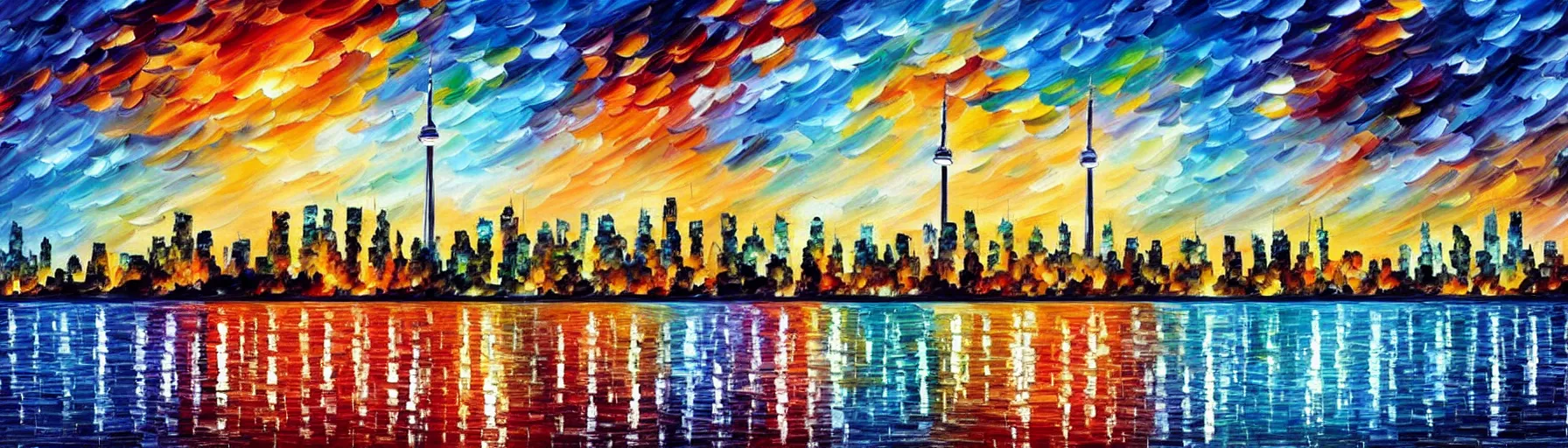 Image similar to landscape of Toronto skyline by Leonid Afremov, concept art, photo realistic, high resolution, contrast, colorful, no text