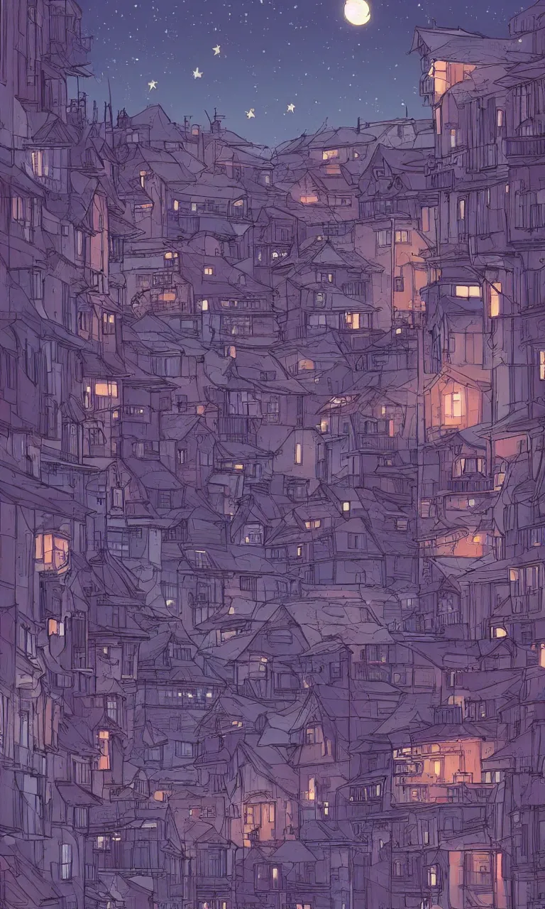 Prompt: a serene painting of a town at night, the moon and stars, by laurie greasley, artstation, studio ghibli color scheme