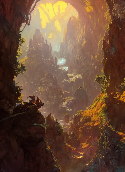 Image similar to Dwarven miner exploring deep caverns. Fantasy concept art. Epic painting by James Gurney, and Alphonso Mucha. ArtstationHQ. painting with Vivid color. (Dragon age, witcher 3, lotr)