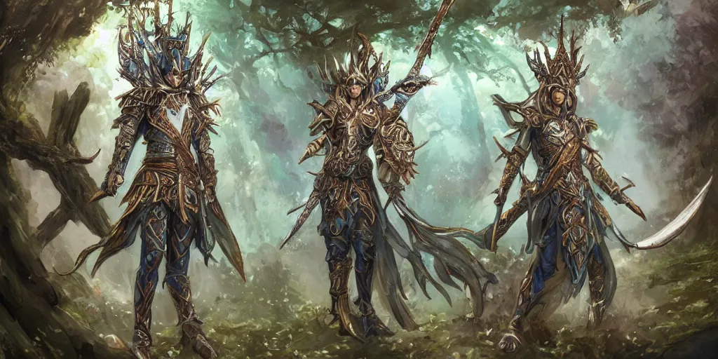 Image similar to an anime landscape of a knightly merfolk from magic the gathering wearing a ornate detailed armor garments and an atlantean crown, in a mystical forest from skyrim, by stanley artgerm lau, wlop, rossdraws, james jean, andrei riabovitchev, marc simonetti, and sakimichan, trending on artstation