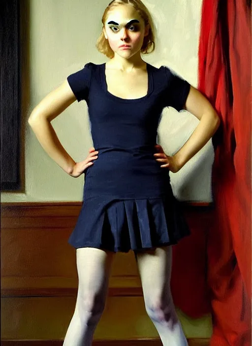 Prompt: oil painting of annasophia robb in a learning uniform, looking furious, startled, stockings, looking seductively attire by John Singer Sargent, Bryan Lee O'Malley, Edward Hopper