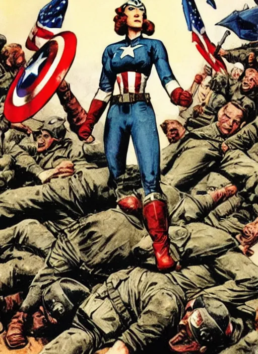 Image similar to female captain america standing on a pile of defeated german soldiers. feminist captain america wins wwii. american wwii propaganda poster by james gurney