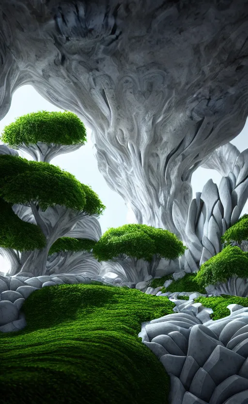 Image similar to highly detailed ultra sharp 3 d render cinematic composition of a smooth ceramic porcelain magnolia stone fluid fractal sci - fi surreal architecture landscape, white marble, magnesium, foliage, archviz, vincent callebaut composition, mamou - mani, beautiful lighting, 8 k, unreal engine, hdr, dof