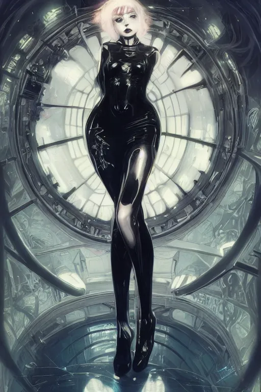 Prompt: Portrait of beautiful pale cyberpunk gothic girl in black latex, neon lighting, intricate, elegant, highly detailed, digital painting, artstation, concept art, smooth, sharp focus, illustration, art by artgerm and greg rutkowski and alphonse mucha