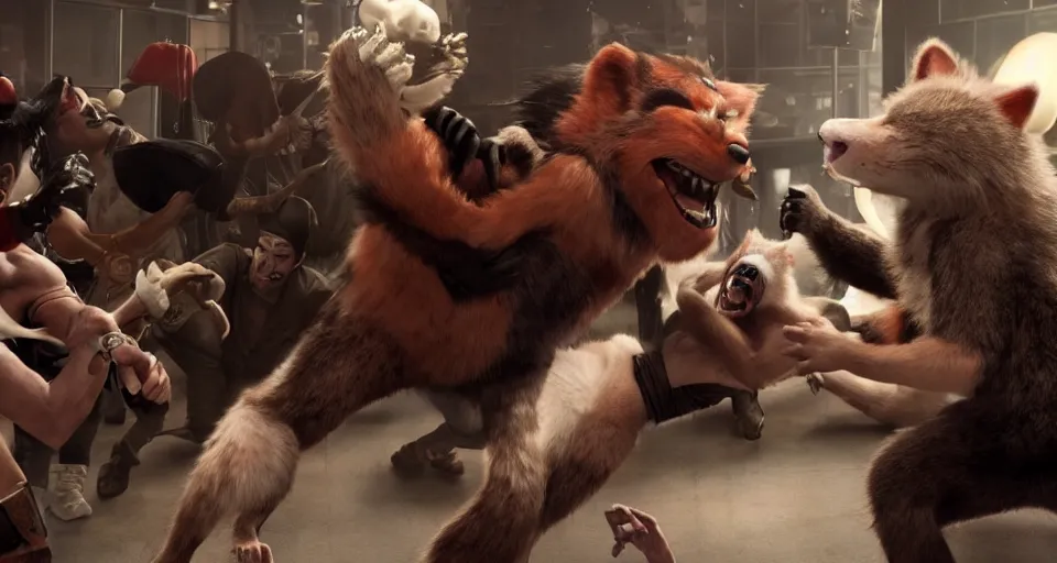 Image similar to still of nicolas cage beating up furry cosplayers, 4 k, octane render, choreographed fight scene, composition, shot by director park chan - wook