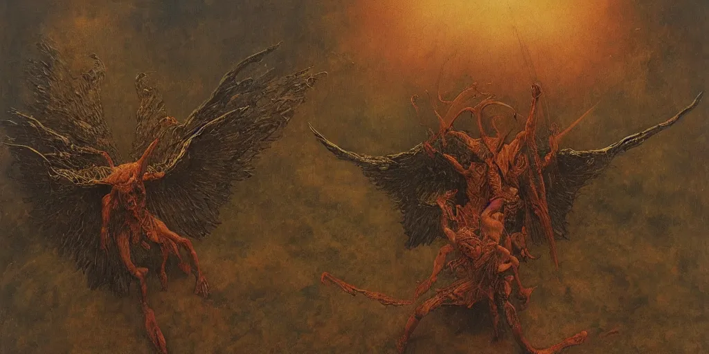 Image similar to satan fights against an archangel with large wings, beksinski, dariusz zawadzki