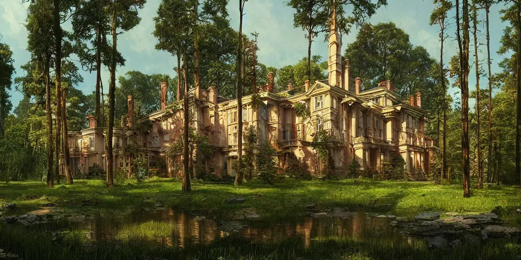 Prompt: hyper realistic mansion in the woods, gorgeous lighting, blue sky, highly detailed, lush forest by zdzisław beksinski and norman rockwell and greg rutkowskiweta studio, and lucasfilm