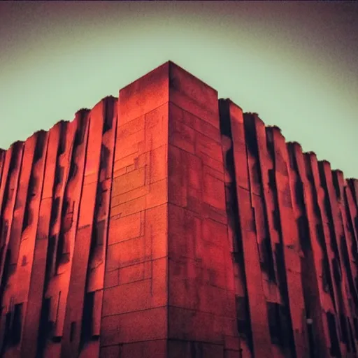 Image similar to ominous brutalism building, creepy red fog, nighttime. dramatic lighting,
