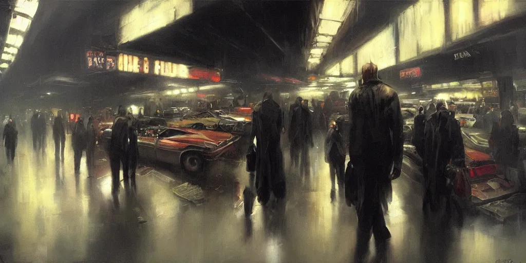 Prompt: underground flea market by phil hale, artstation contest winner. blade runner, dark and moody. detailed paint, photorealistic