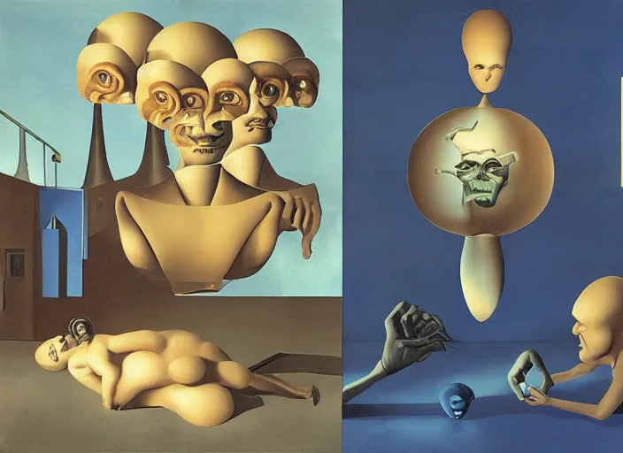 Image similar to strange machine making copies of weird small beings by salvadore dali and rene magritte