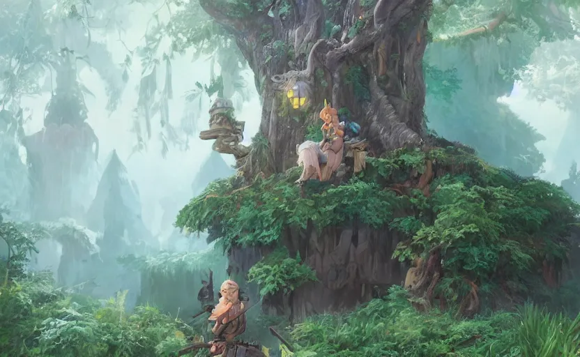 Image similar to a bounty hunter and her cat companion their woodland home in a fantasy studio ghibli animated film, d & d, fantasy concept art, global illumination, beautiful composition, volumetric lighting, octane render by studio ghibli and christopher balaskas, highly detailed