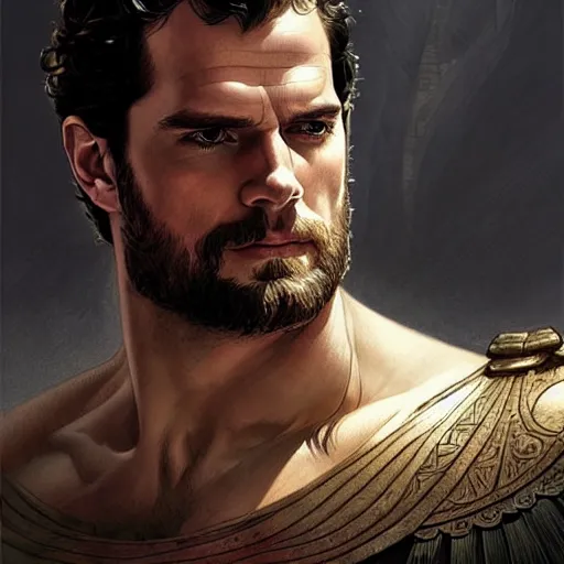 Image similar to Henry Cavill as a warrior, upper body, D&D, muscular, fantasy, intricate, elegant, highly detailed, digital painting, artstation, concept art, smooth, sharp focus, illustration, art by artgerm and greg rutkowski and alphonse mucha