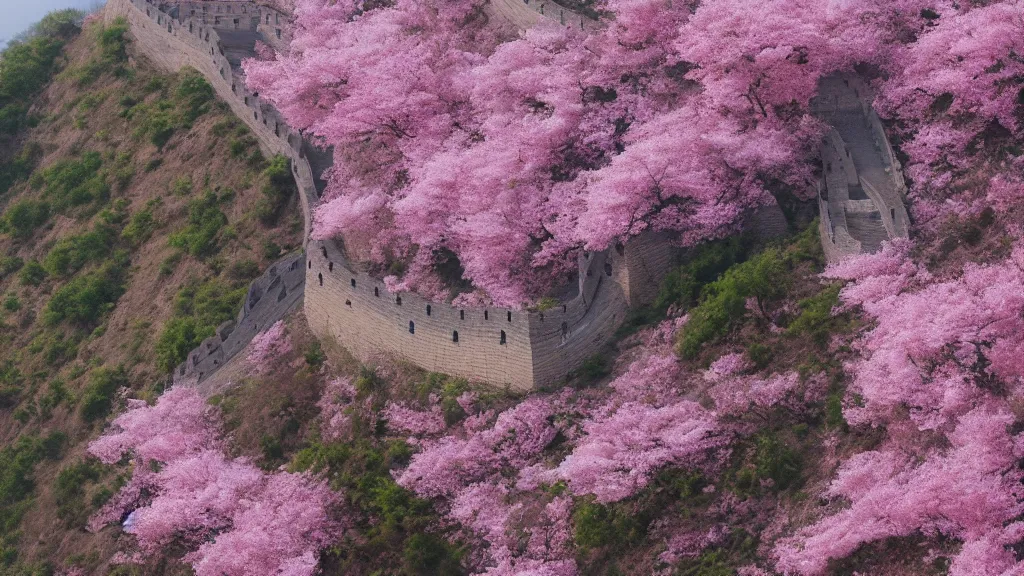 Image similar to arial view of pink cherry blossom trees growing in the great wall of china, andreas achenbach, artgerm, mikko lagerstedt, zack snyder, tokujin yoshioka