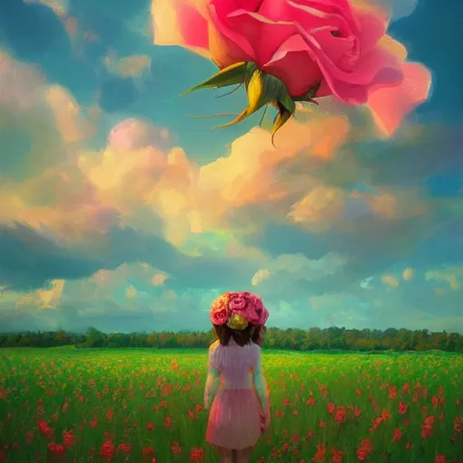 Image similar to rose face, girl floating in a flower field, surreal photography, sunrise dramatic light, impressionist painting, colorful clouds, digital painting, artstation, simon stalenhag