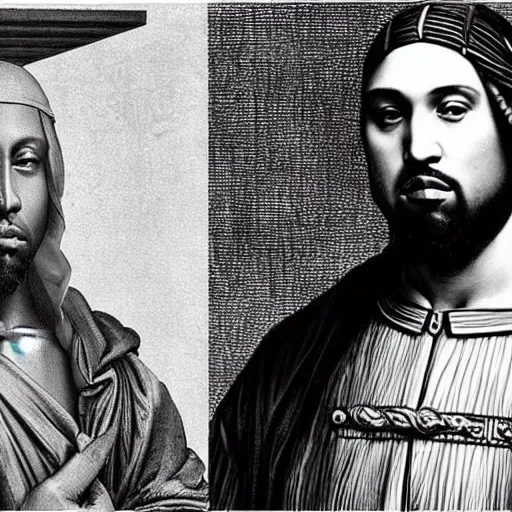 Image similar to kanye west and leonardo da vinci selfie, black and white, 1500s