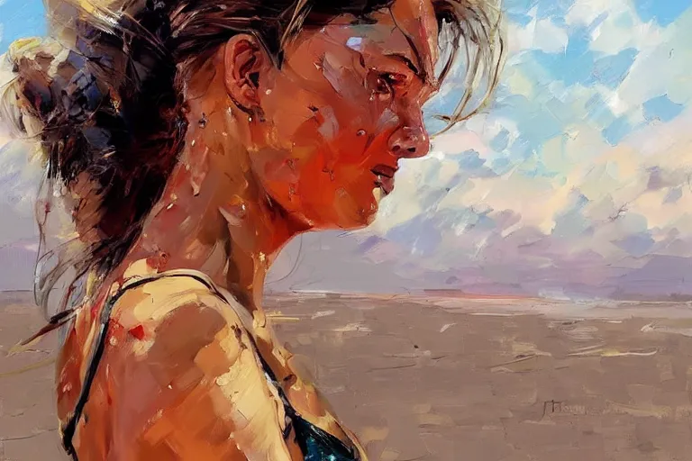 Prompt: girl with a ponytail wearing bikini looking at a hydrogen bomb test, expressive oil painting, digital art, high quality, by michael garmash, by rob rey, by conrad roset, beautiful girl, apocalyptic