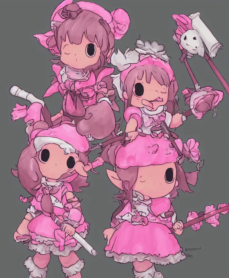 Prompt: portrait of a lalafell wearing a pink maid outfit with a moogle staff