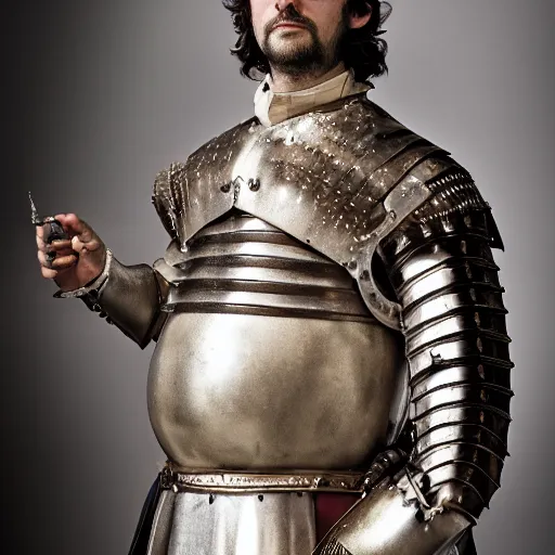 Image similar to richard iv the roman king photo, real human, soft studio lighting, 6 0 mm lens in full armor, pregnancy belly