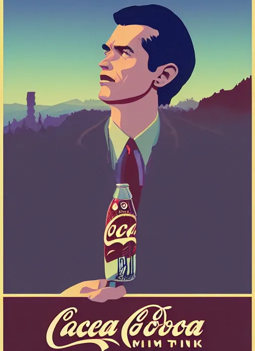 Prompt: Twin Peaks poster artwork by Tomer Hanuka, Rendering a cowboy holding a coke-a-cola bottle, by Michael Whelan, Makoto Shinkai and thomas kinkade, Matte painting, trending on artstation and unreal engine