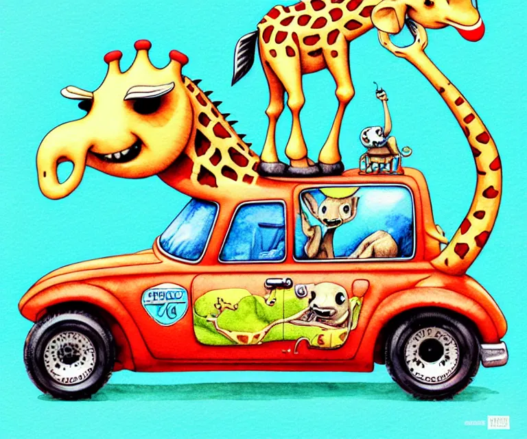 Image similar to cute and funny, giraffe riding in a tiny hot rod with oversized engine, ratfink style by ed roth, centered award winning watercolor pen illustration, isometric illustration by chihiro iwasaki, edited by range murata, tiny details by artgerm and watercolor girl, symmetrically isometrically centered, focused