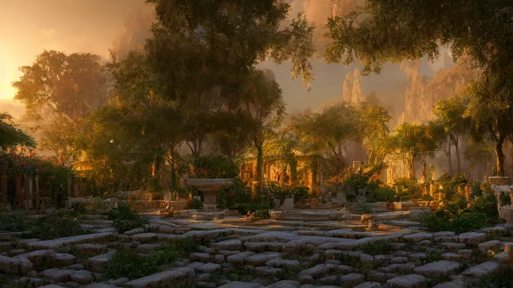 Prompt: a photorealistic hype realistic render of an interior of a beautifully decorated ancient greek garden, by pixar, greg rutkowski, wlop, artgerm, dramatic moody sunset lighting, long shadows, volumetric, cinematic atmosphere, octane render, artstation, 8 k