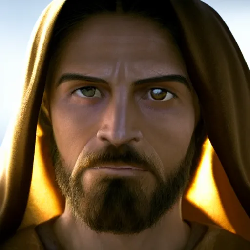 Prompt: Jesus of Nazareth, asymmetrical face, ethereal volumetric light, sharp focus