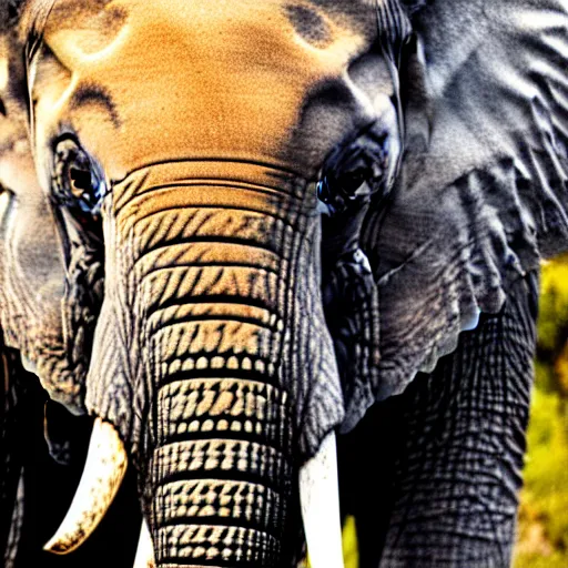 Image similar to a detailed, close - up photograph of an elephant with tiger skin