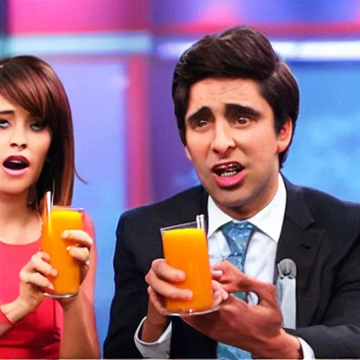 Prompt: “a tv anchor drinking orange juice in front of her shocked cohost”