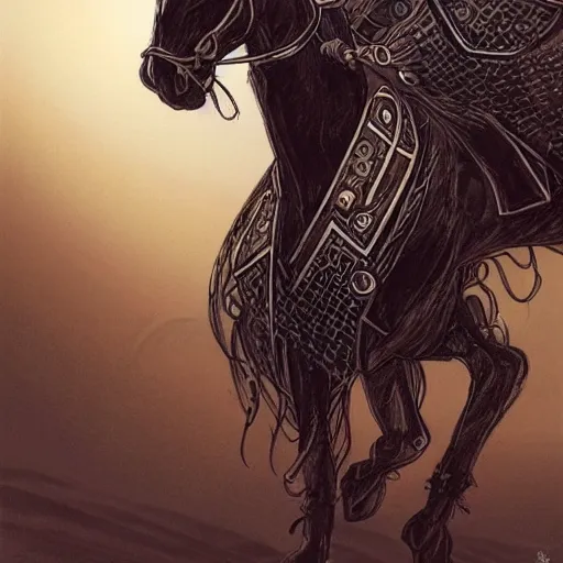 Image similar to an illustration for a new video game, by square enix, about a hero who fights for his nation, the depiction of a very beautiful face, wearing a turban and also a black horse, his clothes are very desert patterned, and also symmetrical, perfect shape, and also very detailed, this illustration is drawn by yoshitaka amano